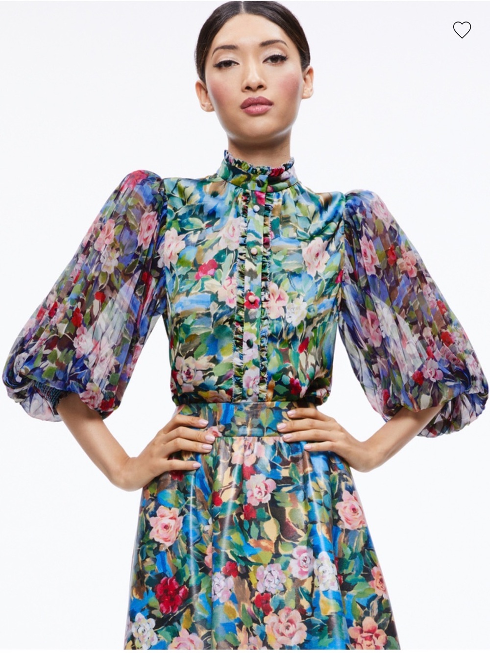 ALICE + OLIVIA EARLA VEGAN LEATHER FLARE SKIRT + ILAN SMOCKED BLOUSE - Picture 6 of 8